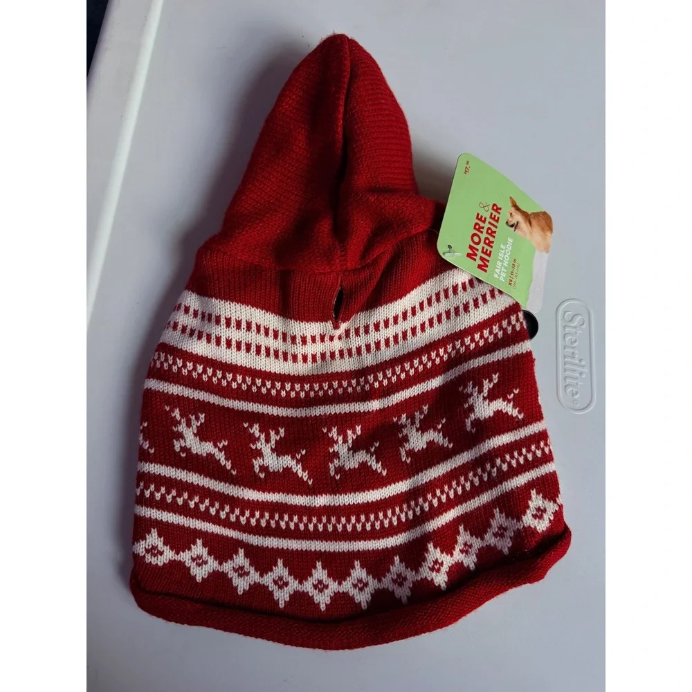 More & Merrier Fair Isle Pet Hoodie XS Red New Holiday Reindeer Dog Sweater